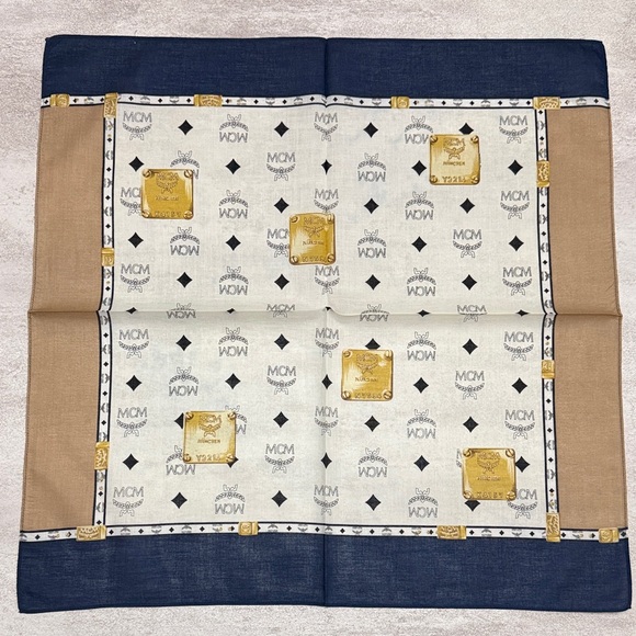 MCM Accessories - MCM Logo Square Scarf in Navy, White & Gold Plaque Print cotton